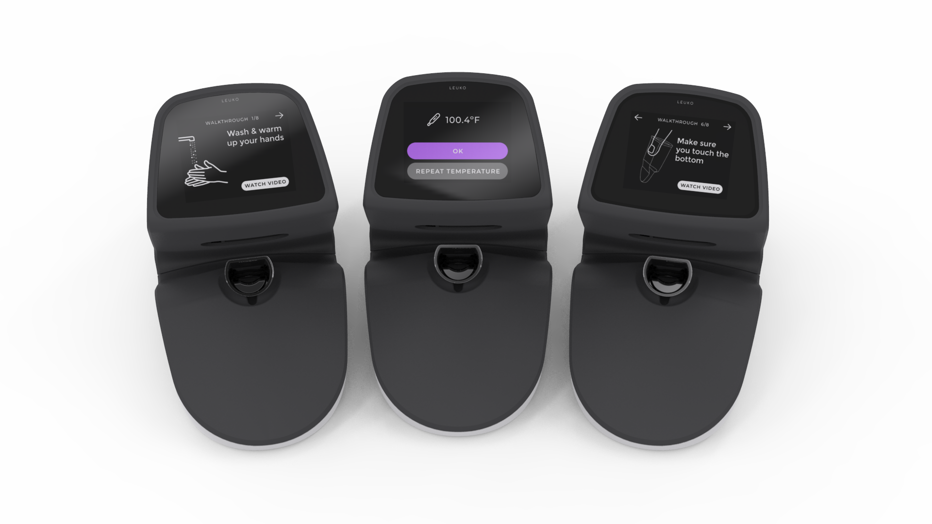 Three PointCheck devices showing in-app walkthrough screens.